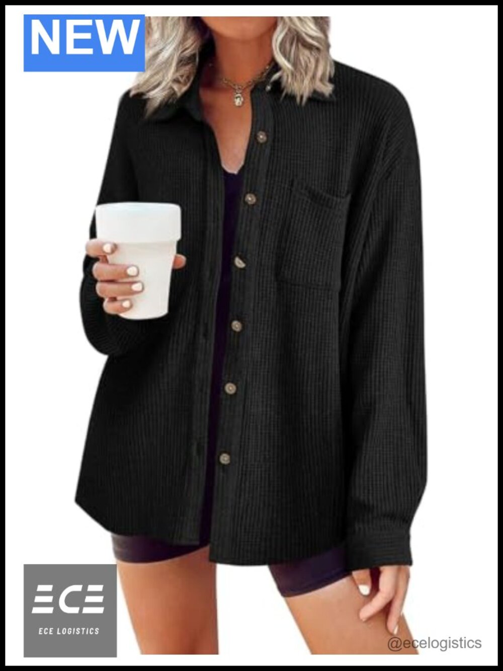 Waffle Knit Button Down Shacket Long Sleeve Chest Pocket V Neck